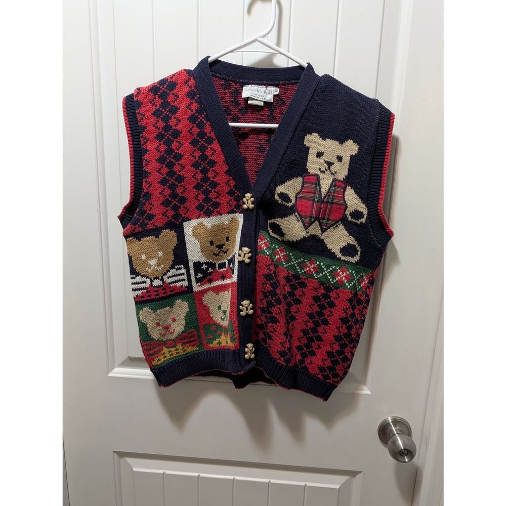 Vintage Sweater Loft 1980s Teddy Bears Christmas Sweater Vest Cardigan Size S